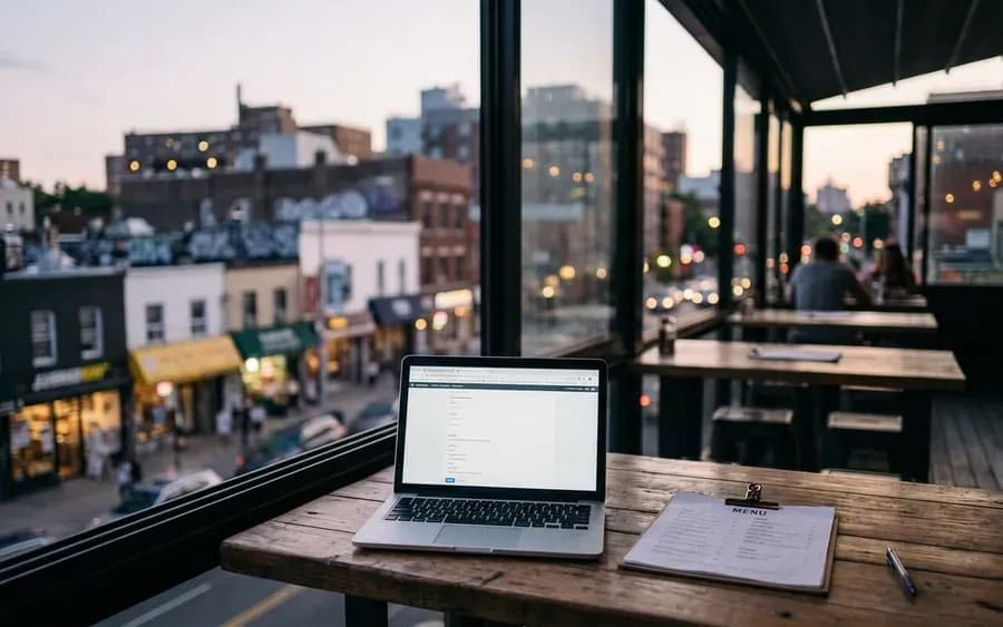 A laptop open next to a paper menu on a cafe table by the window