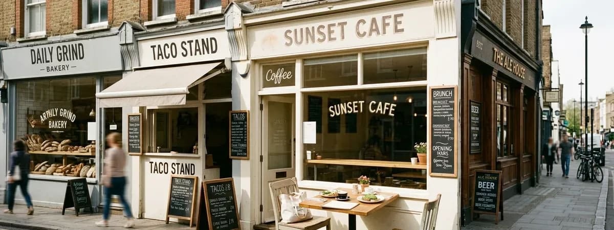 A long parade of food shops photographed from the opposite pavement, with menus and signs along the whole row
