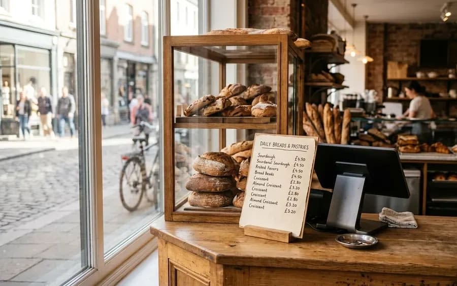 A paper menu resting beside the till on the front counter of a small food shop
