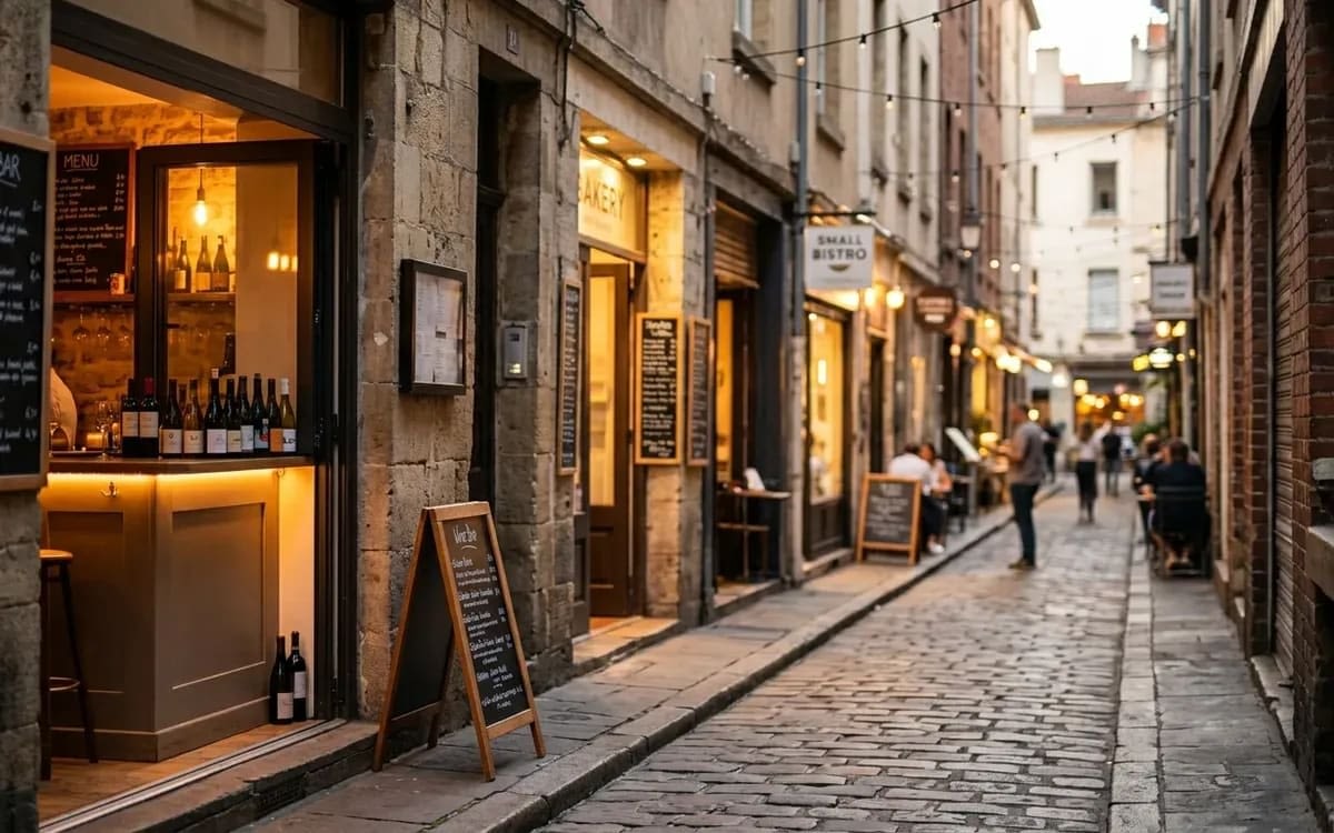 A pedestrian lane lined with small restaurants, each with its menu displayed by the entrance