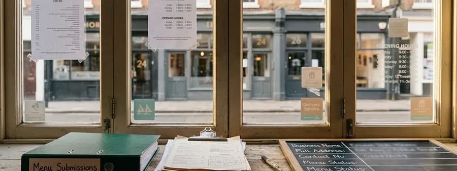 A row of shopfront windows carrying menus, opening hours cards and painted street numbers on the glass