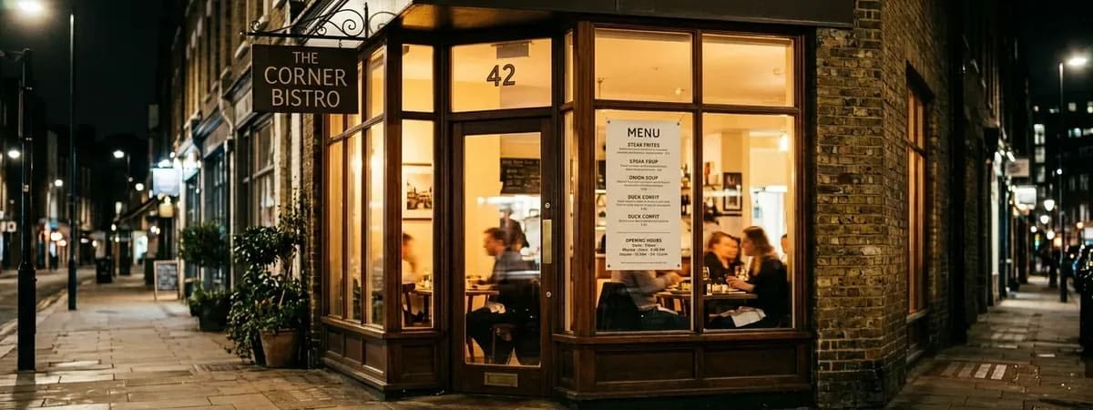 A shopfront photographed straight on, showing its name sign, its menu in the window and its street number above the door