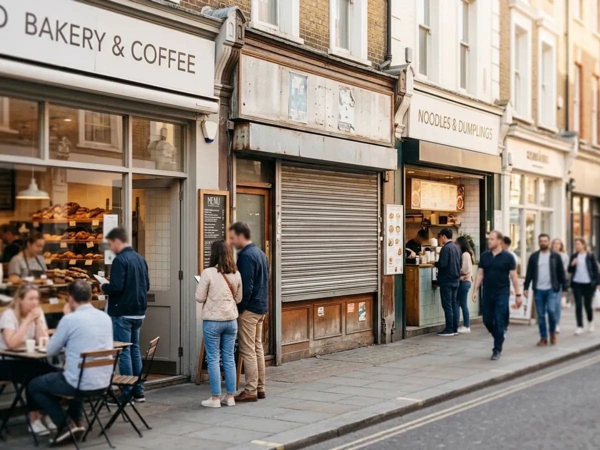 A shuttered unit between two open food shops on a daytime high street