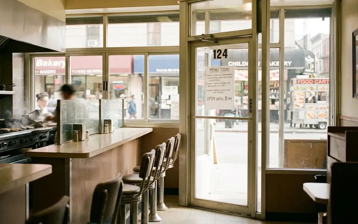 The doorway of a small restaurant with its street number and an opening notice fixed to the glass