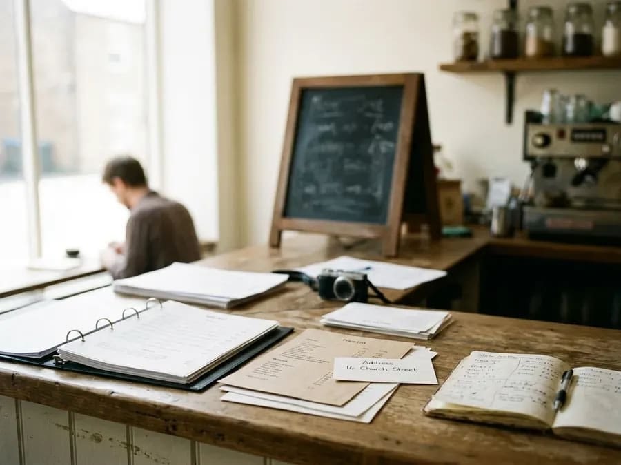 Venue paperwork and a printed address card spread out on the counter of a small cafe